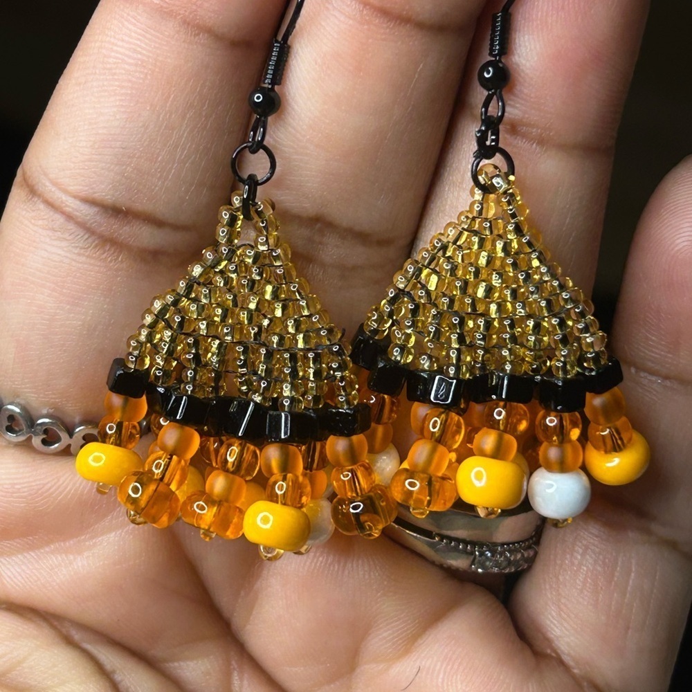 Handcrafted Halloween Beaded Earrings - Gold and Black